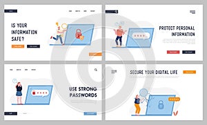 Password and Information Defend Website Landing Page Set. Users at Huge Laptop with Padlock and Shield on Screen photo