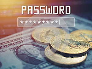 Password input on blurred background screen. Password protection against hackers