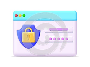 Password with lock in web form. 3d icon of internet secure. Data of account, business and file. Cyber security of information in