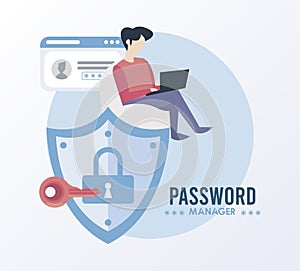 password manager theme with man using laptop and padlock in shield