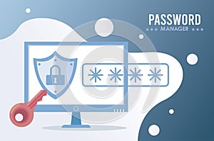 password manager theme with padlock in shield and cypher in desktop photo