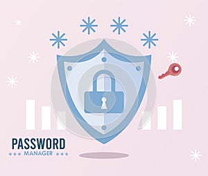 password manager theme with padlock in shield and cypher photo