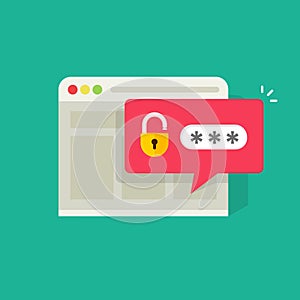 Password notification bubble with open lock in browser widow vector illustration, flat carton login or signin icon