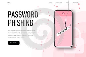 Password phishing. fishing rod hook catches the user info and his password.