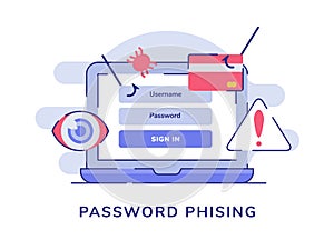 Password phising on display laptop screen white isolated background with flat style
