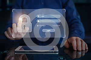 Password and username login page, secure access on internet. Online user authentication sign-in, cyber security, data protection. photo