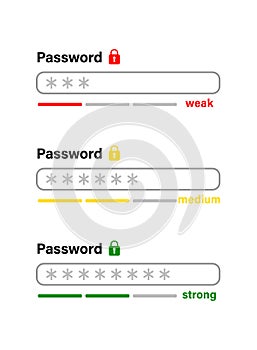 Password weak, medium and strong bar icon. Digital cyber security. Authorization window, login for entering in account or email.