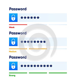 Password weak, medium and strong. Password form template for website and programs. Digital security bar. Safety