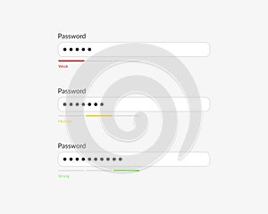 Password weak, medium and strong interface. Password form template for website.