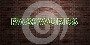 PASSWORDS - fluorescent Neon tube Sign on brickwork - Front view - 3D rendered royalty free stock picture