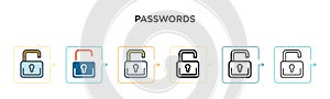 Passwords vector icon in 6 different modern styles. Black, two colored passwords icons designed in filled, outline, line and
