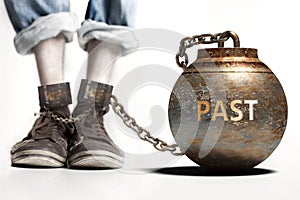 Past can be a big weight and a burden with negative influence - Past role and impact symbolized by a heavy prisoner`s weight