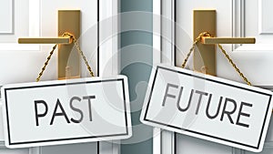 Past and future as a choice - pictured as words Past, future on doors to show that Past and future are opposite options while
