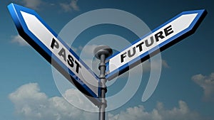 Past - Future two-ways blue arrow street signs - 3D rendering illustration