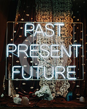 Past, Present, Future neon sign at a psychic reader, Manhattan, New York