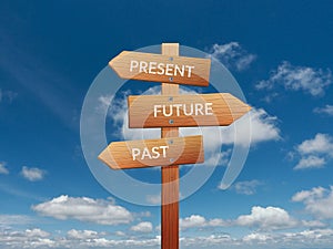 Past ,present and future sign board.