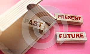 Past Present Future words on Wooden Blocks in the box and outside. The value of time concept. Positive mindset concept