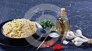 Pasta Aglio, Olio e Peperoncino in a bowl photo