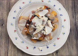 Pasta alla Norma, with eggplant, tomato and sheep`s ricotta