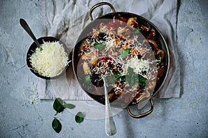 Pasta alla Norma. .style rustic.selective focus