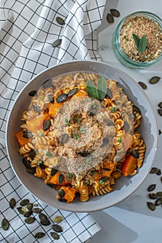 Pasta alla zucca, healthy home made pumpkin pasta photo