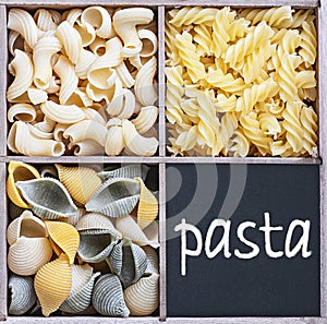 Pasta assortment of different colors background