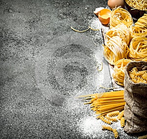 Pasta background. Cooking different types of pasta.