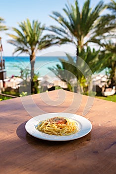 Pasta on the background of the sea.