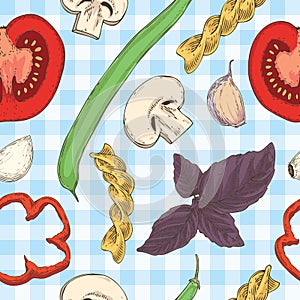Pasta, Beans, Herbs and Tomatoes Seamless Pattern
