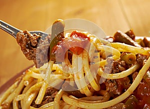 Pasta with beef tomato sauce photo