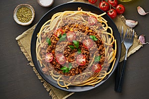 Pasta Bolognese bucatini with mincemeat and tomatoes, dark wooden background, top view