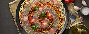 Pasta Bolognese bucatini with mincemeat and tomatoes, dark wooden background, top view, banner long