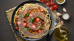 Pasta Bolognese bucatini with mincemeat and tomatoes, dark wooden background, top view, banner long