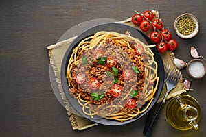 Pasta Bolognese bucatini with mincemeat and tomatoes, dark wooden background, top view, copy space