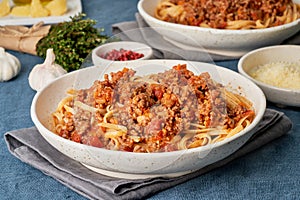 Pasta Bolognese Linguine with mincemeat and tomatoes. Italian dinner for two
