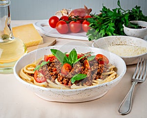 Pasta bolognese with tomato sauce, ground minced beef, basil leaves on background