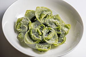 Pasta Bowl of green ravioli with parmesan