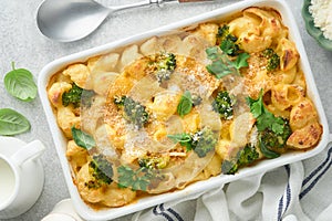 Pasta Broccoli casserole. Baked Mac and cheese with broccoli, cream sauce and parmesan on gray light concrete table background.