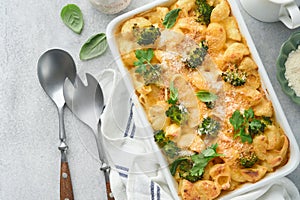 Pasta Broccoli casserole. Baked Mac and cheese with broccoli, cream sauce and parmesan on gray light concrete table background.