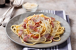 Pasta Carbonara with bacon and parmesan photo