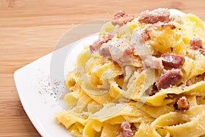 Pasta Carbonara with eggs bacon and parmesan
