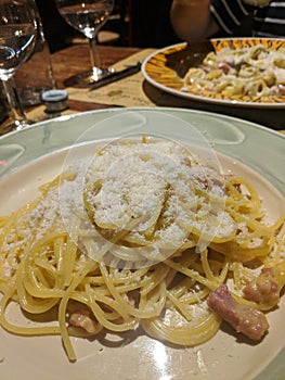 Pasta carbonara at restaurant