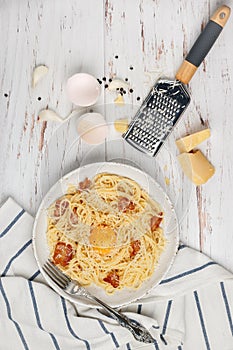 Pasta Carbonara. Spaghetti with bacon, egg and Parmesan cheese sauce