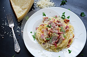 Pasta Carbonara. Spaghetti with bacon and parmesan cheese.