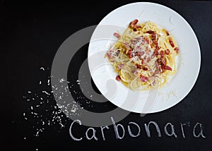 Pasta Carbonara. Spaghetti with bacon and parmesan cheese.