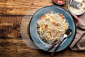 Pasta carbonara, spaghetti, cooked according to the traditional Italian recipe