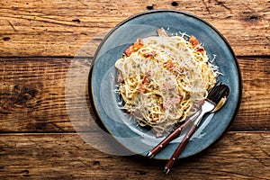 Pasta carbonara, spaghetti, cooked according to the traditional Italian recipe