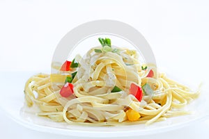 Pasta Carbonara with vegetarian food.