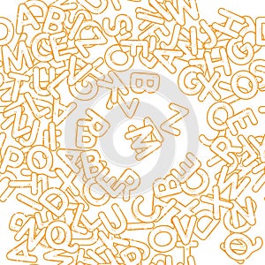 Pasta cartoon alphabet. Font from letters in the form of macaroni. Lettering from pasta soup. Seamless pattern for