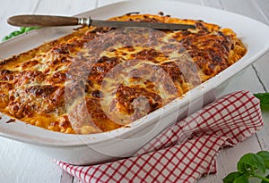 Pasta casserole with bolognese and bechamel sauce